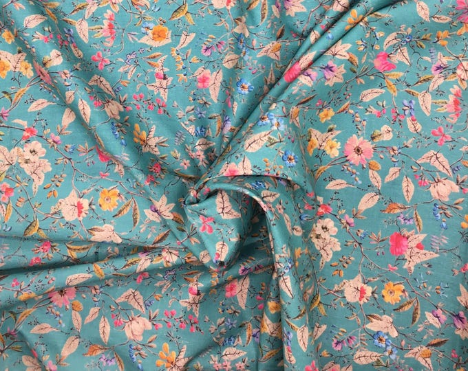 English Pima lawn cotton fabric, English flowers on Aquamarine