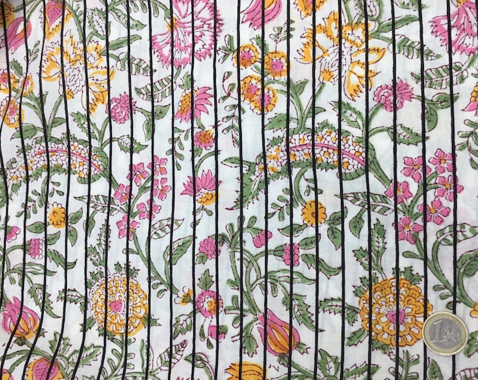Indian block printed cotton muslin, hand made. Black striped floral