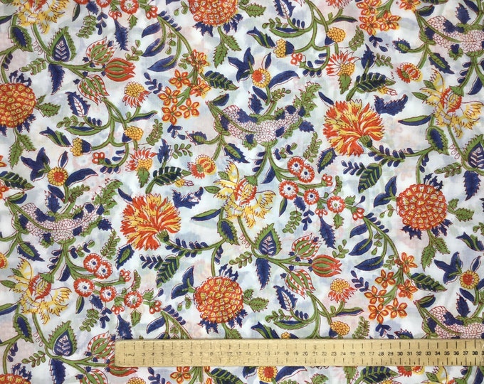 Indian block printed cotton muslin or blockprint cotton voile, hand made. Sun Jaipur blockprint