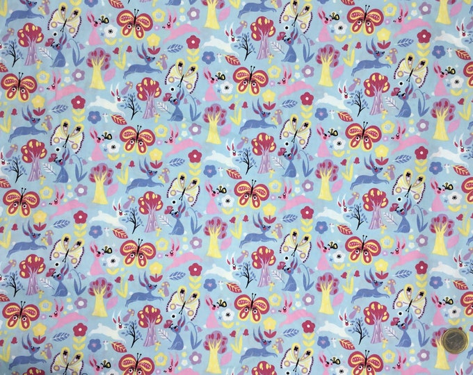 Rose and Hubble cotton poplin, rabbit and butterfly print on blue