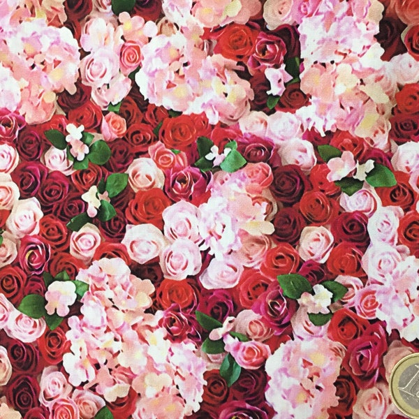 Tissu popeline de coton Oekotex, motif numérique bouquet de roses