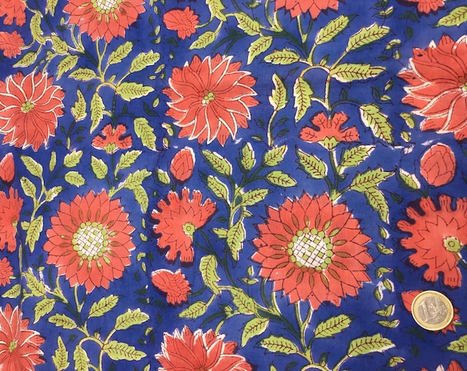 Indian block printed cotton muslin or blockprint cotton voile, hand made. Mediterranean Jaipur blockprint