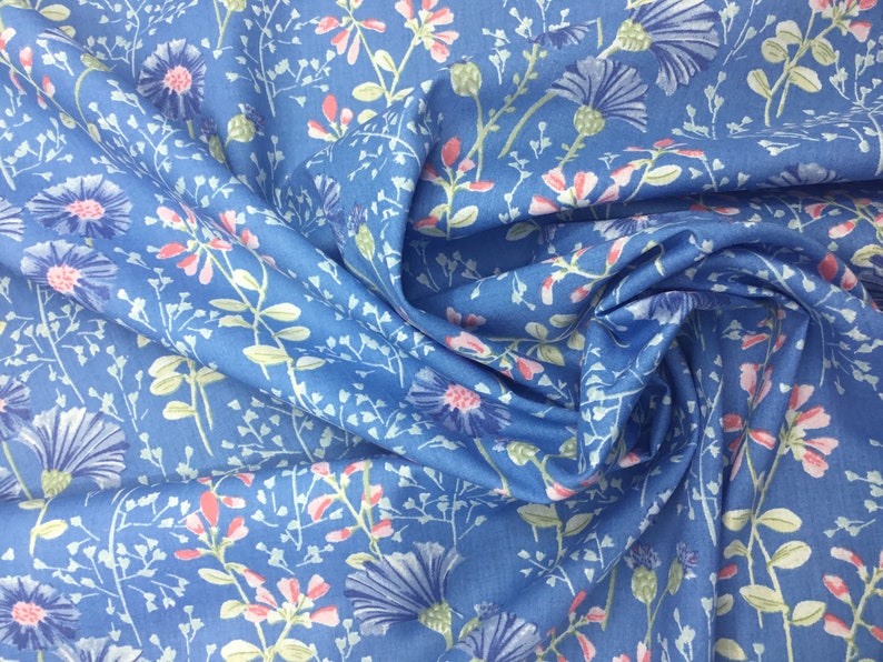 English Pima lawn cotton fabric, floral on sky blue image 2