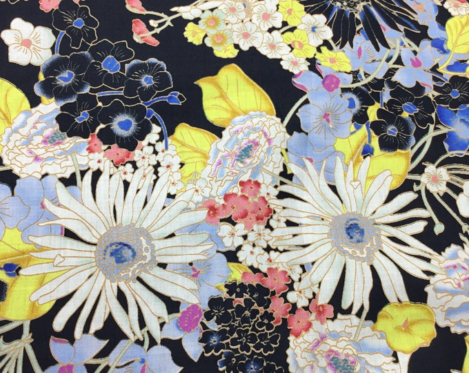 English Pima lawn cotton fabric, Aquarelle flowers on black