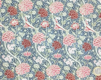 May include: Floral fabric with a repeating pattern of large pink and burgundy flowers, green leaves, and white stems against a dark blue background. The design has a vintage aesthetic.