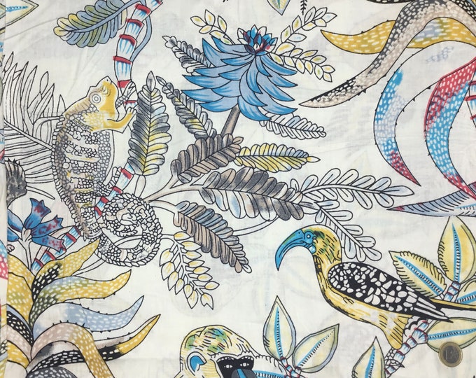 Indian block printed cotton muslin, hand made. Birds and geckos on off white Jaipur
