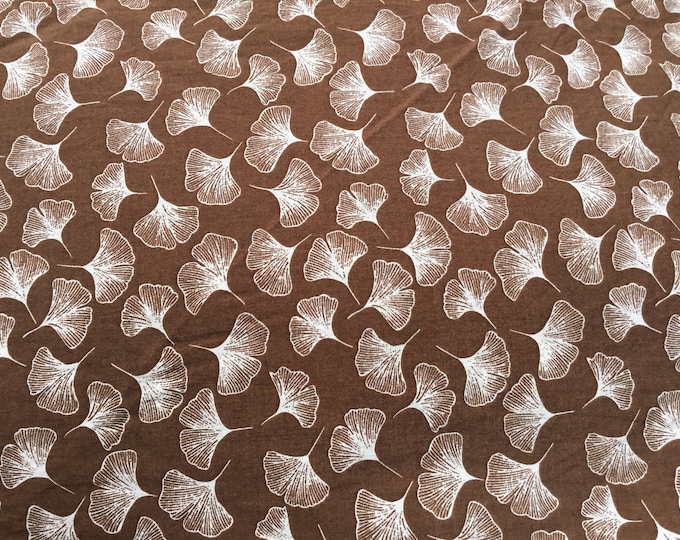 English Pima lawn cotton fabric, gingko leaves on brown