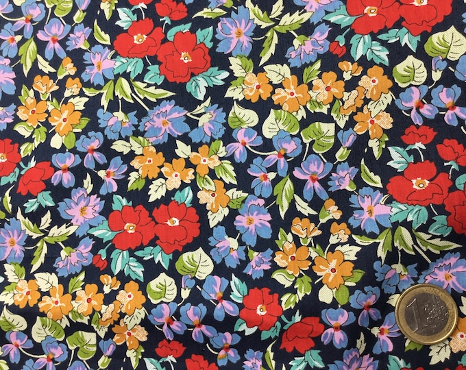 English Pima lawn cotton fabric, navy field flowers
