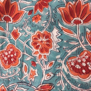 Indian block printed cotton muslin, hand made. Turquoise tulips Jaipur blockprint image 2