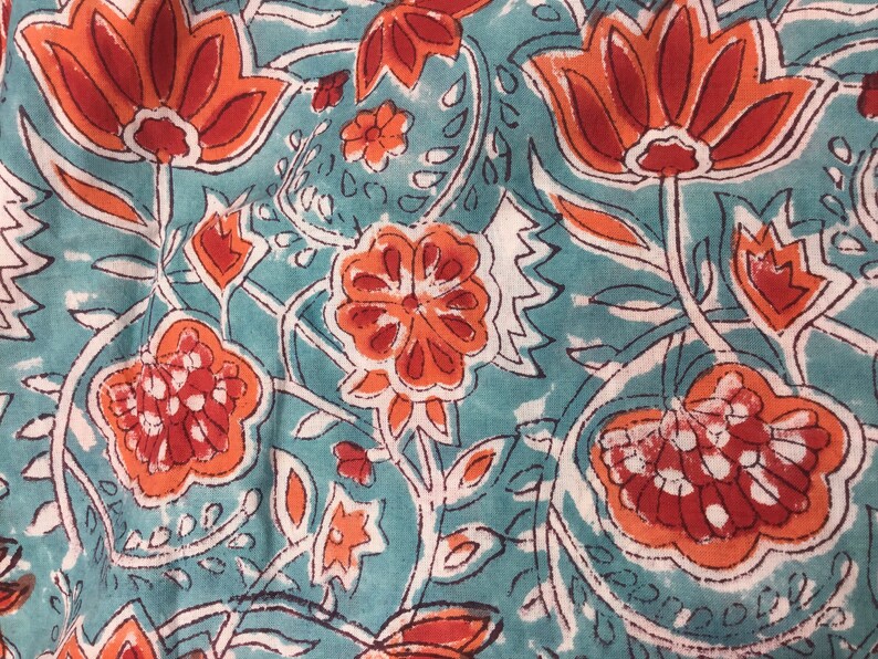 Indian block printed cotton muslin, hand made. Turquoise tulips Jaipur blockprint image 2