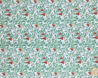 May include: A repeating pattern of green leaves and red berries on a light blue background. The design features a botanical theme with detailed branches and small white flowers, creating a natural, textured look.