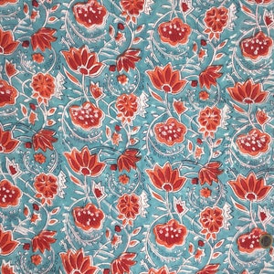 Indian block printed cotton muslin, hand made. Turquoise tulips Jaipur blockprint image 6