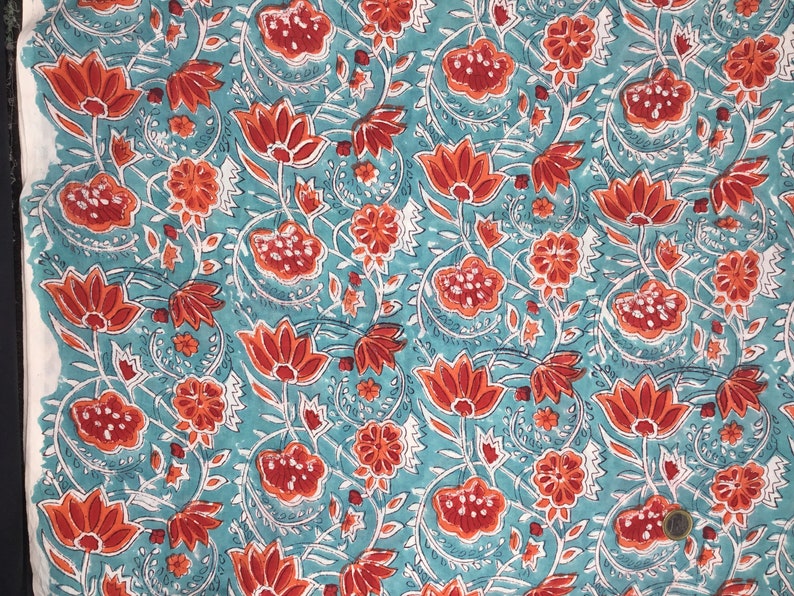 Indian block printed cotton muslin, hand made. Turquoise tulips Jaipur blockprint image 6