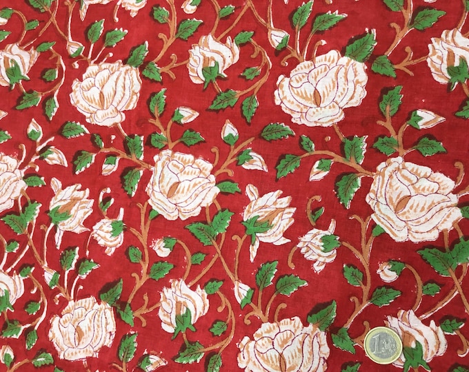 Indian block printed cotton muslin, hand made, white roses on red Jaipur blockprint