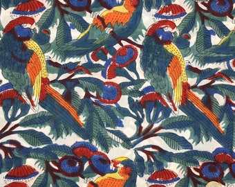 Tessuto voile di cotone stampato a mano in India, pappagalli Jaipur