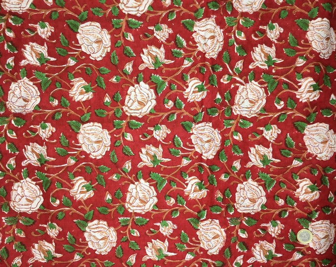 Indian block printed cotton muslin, hand made. White roses Jaipur blockprint