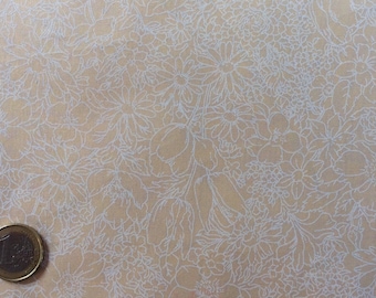 Popelina de algodón Oeko-Tex, estampado floral blanco sobre fondo beige