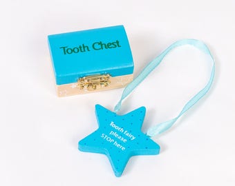 Tooth Fairy Set - blue star tooth chest and door hanger