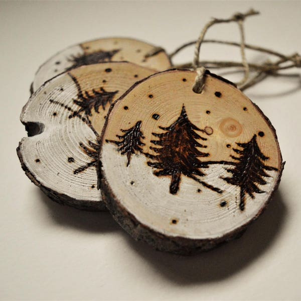 Set of 3 Wood burning Christmas Ornaments, Snowy Spruce Ornament Set, rustic ornaments, xmas pyrography, natural wood, reclaimed wood