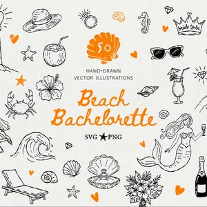 May include: A collection of black and orange hand-drawn vector illustrations featuring beach and bachelorette themes, including a lighthouse, mermaid, flamingo, seashells, tropical drinks, and the text "Beach Bachelorette" and "HAND-DRAWN VECTOR ILLUSTRATIONS".