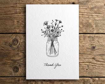 Printable Thank You Card - Botanical Flowers in Jar Line Art, Minimalist Instant Download