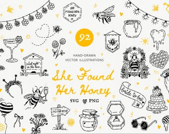 She Found Her Honey SVG Bundle, Bee Outline Bachelorette Clipart, Bride to Bee Doodles