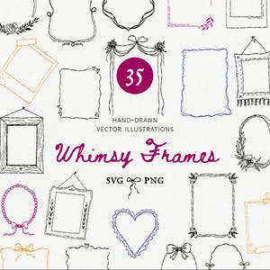 Zestaw clipartów Whimsy Frames SVG PNG, ręcznie rysowane obramowania zaproszeń ślubnych, wieńce z serduszkami polaroidowymi