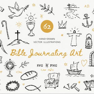 Könnte beinhalten: Eine Sammlung von 62 handgezeichneten schwarzen und goldenen Vektorillustrationen mit religiösen Symbolen wie Taube, Kreuz, Kelch, Krone, Anker, betenden Händen, Weintrauben, Brot und einem Boot, mit dem Text "62 HAND-DRAWN VECTOR ILLUSTRATIONS Bible Journaling Art SVG PNG".