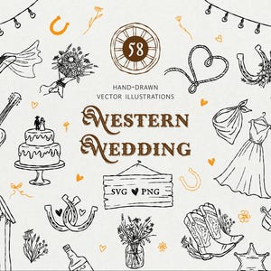 Könnte beinhalten: Handgezeichnete Vektorillustrationen mit Western-Hochzeitsthema. Das Bild zeigt eine Gitarre, Cowboyhüte, eine Hochzeitstorte, ein Kleid, Cowboystiefel und andere rustikale Elemente. Der Text "Western Wedding" ist in einer dekorativen Schriftart dargestellt.