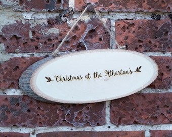 Personalised Christmas Wooden Sign: Engraved Family Name Log Slice