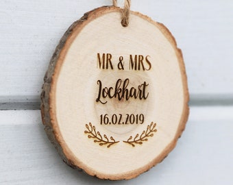 Personalized Mr & Mrs Engraved Wood Slice – Rustic Wedding Gift