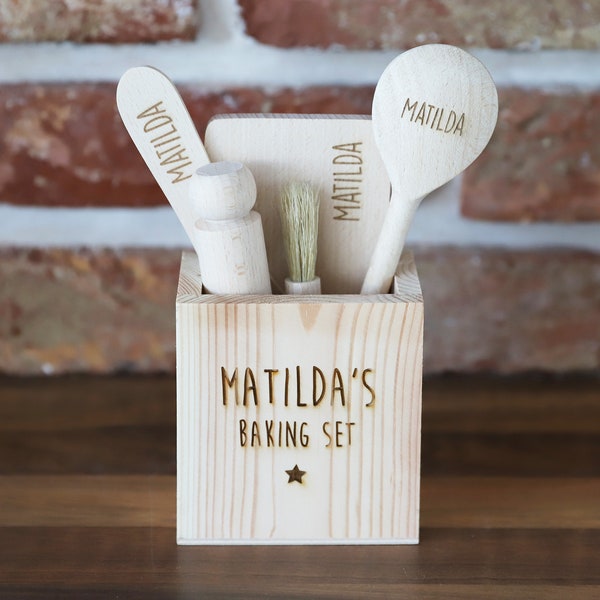 Personalised Kids Baking Set with Engraved Wooden Utensils for Mini Bakers