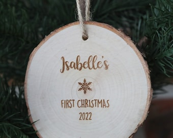 Personalised 'First Christmas' Hanging Tree Decoration-Engraved Wooden Log Slice Christmas Decoration- Baby's First Christmas- 1st Christmas