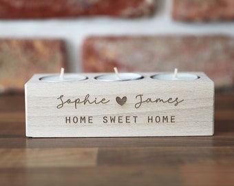 Personalised Wooden Tea Light Candle Holder: New Home Gift - First Homeowner