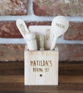 Personalised Kids Baking Set: Engraved Wooden Utensils, Mini Baker Gift