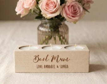Personalised Wooden Tea Light Candle Holder - Engraved Gift for Mum