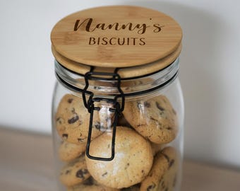 Personalized Biscuit Jar, Engraved Bamboo Lid, Glass Cookie Tin