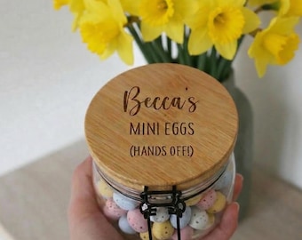 Personalised Mini Egg Treat Jar: Engraved Bamboo Lid, Easter Goodies Gift