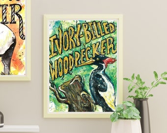 8x10" Ivory Billed Woodpecker Print | Watercolor Bird Print | Bird Watching | Endangered Species | Water Color Nature