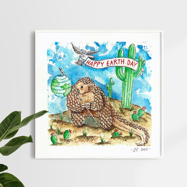 Pangolin Earth Day Watercolor Painting Print | Water Color Nature | Nature Lover Decor | Pangolin Gifts | Eco Friendly and Sustainable Gifts