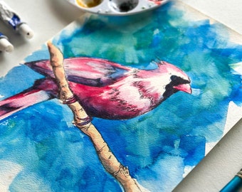 Cardinal Original Watercolor Painting | Red Cardinal Gifts | Original Bird Watercolor | Bird Enthusiasts | Bird Watching | Cardinal Handmade