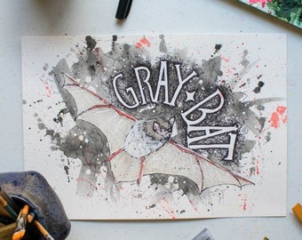 Gray Bat Watercolor Painting Print | Watercolor Halloween Artwork | Bat Art Print | Creepy Cute Art Print | Bat Wall Art