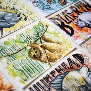 Conjunto de 20 cartões postais, cartões postais de animais, espécies ameaçadas de extinção, ilustração de espécies ameaçadas, aquarela