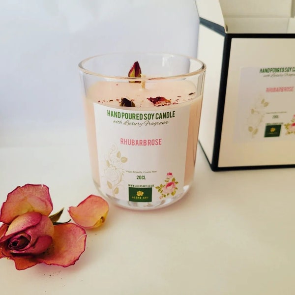 Rhubarb and Rose Hand Poured Soy Candle 20cl Glass, Rose Candle, Rhubarb Candle, Rose Scent