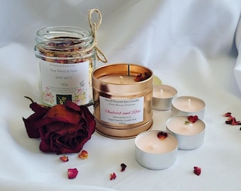 Rhubarb and Rose Candle and Bath Salts Gift Set, Bath Gift Set, Rosehip Bath Salts, Rhubarb and Rose, Tealights, Candles, Rose Gold, Gift