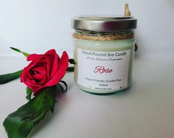 Rose Candle, Rose Hand Poured Soy Candle Glass Jar 100ml, Rose Scent, Candle Gift, Rose Gift, Romantic Candle, Vegan Friendly