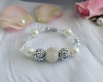 Pearl Bracelet with Glass Pearls, White Glass Pearl Bracelet with Shiny Spheres, Crystal Bracelet, Pearl Bracelet, Gift for Her