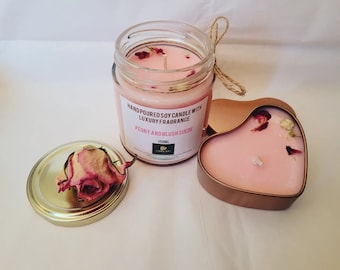 Peony and Blush Suede Soy Candle 190ml Glass Jar, Peony and Blush Suede Heart Candle, Rose Gold Tin, Heart Candle, Peony Candle, Gift Set