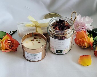 Flower Bomb Bath Gift Set, Flower Bomb Soy Candle, Rosehip Bath Salts, Bamboo Cloth, Relaxing Gift Set, Gift For her, Natural Salts