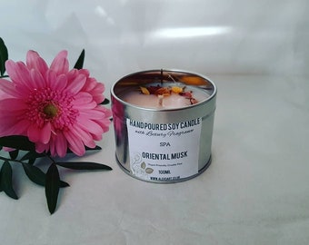 ORIENTAL MUSK Hand Poured Soy Candle 100ml Silver Tin, Moroccan Amber, Sandalwood, Botanical Candle, Vegan Candle, Oriental SPA